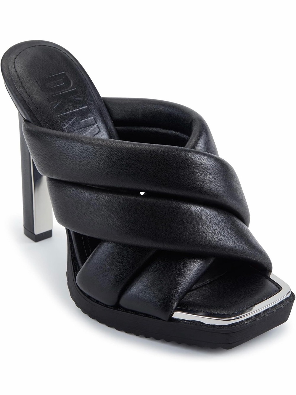 DKNY Madena Black Leather Puff Strap Square Toe Platform
Heels Mules Sandals